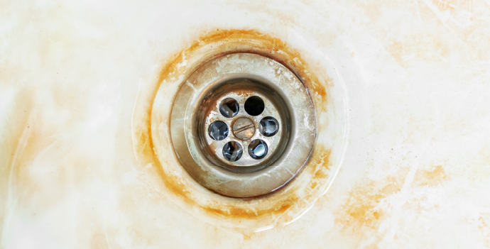A close-up of a dirty metal drain in a white sink with stains and rust surrounding the drain area.