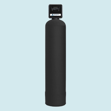 Black water softener tank with a digital control panel on top, isolated on a light blue background.