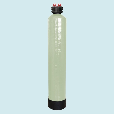 A large, vertical, green composite gas cylinder with a red valve on a plain light blue background.