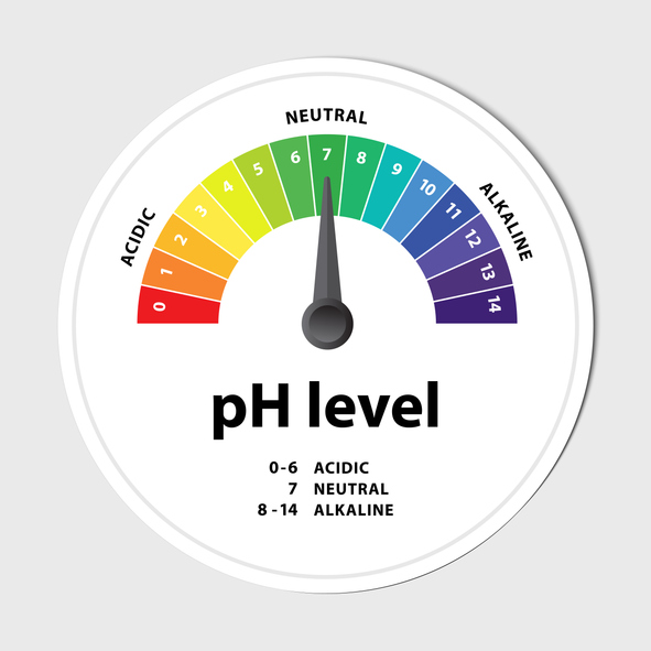 Illustration of a pH level gauge, ranging from 0 to 14. Colors transition from red (acidic) to green (neutral) to blue (alkaline).
