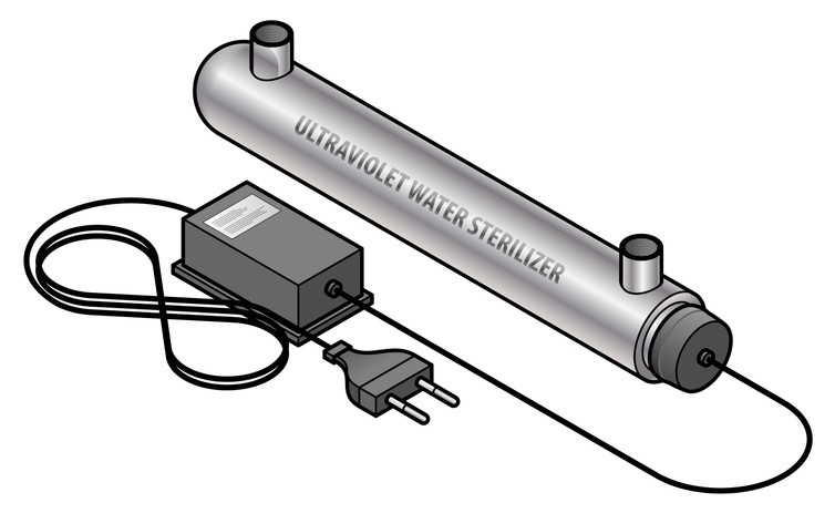 Illustration of an ultraviolet water sterilizer with a cylindrical chamber, labeled "Ultraviolet Water Sterilizer," and an attached power plug.