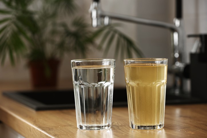 Two drinking glasses are placed side by side on a wooden countertop; one contains clear water, and the other contains yellowish, murky water. A kitchen sink and plant are in the background.