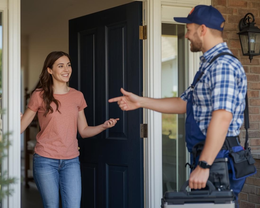 A woman opens her front door and smiles at a male technician holding a toolbox and pointing toward her.